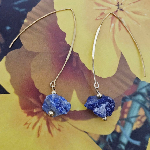 Natural Raw Lapis Lazuli Blue Gold Dangle Earrings - Picture 2 of 3